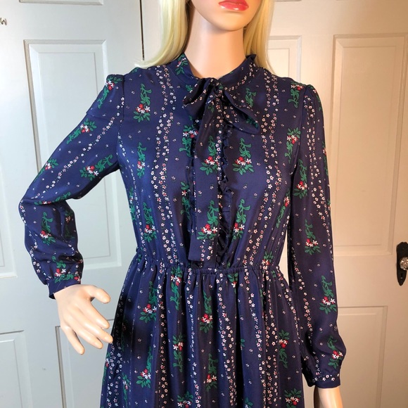 Blue Floral Silk Dress w Ruffles and Tie Neck S/M - Picture 2 of 8